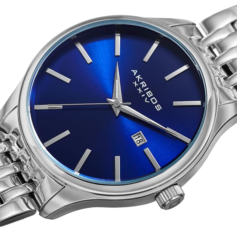 Akribos XXIV Men's Quartz Date Silver-Tone/Blue Stainless Steel Bracelet Watch