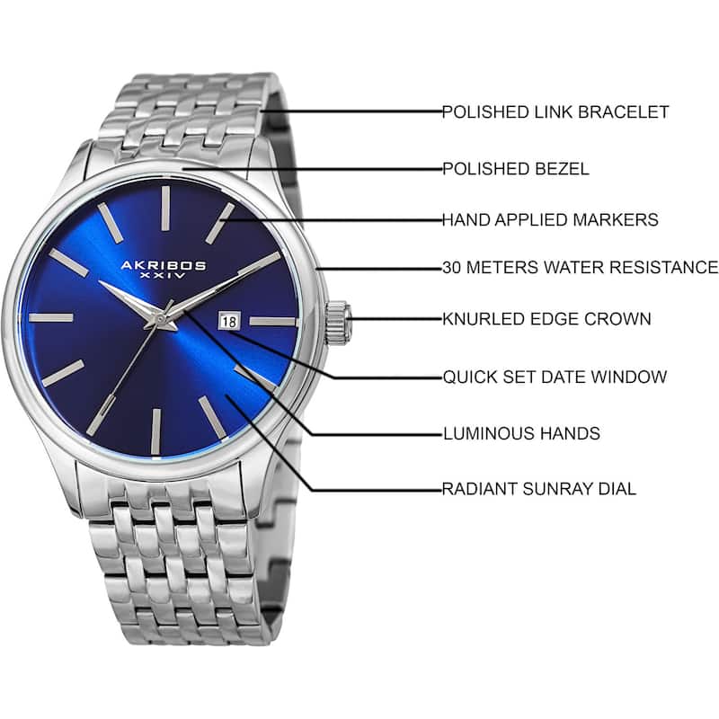Akribos XXIV Men's Quartz Date Silver-Tone/Blue Stainless Steel Bracelet Watch