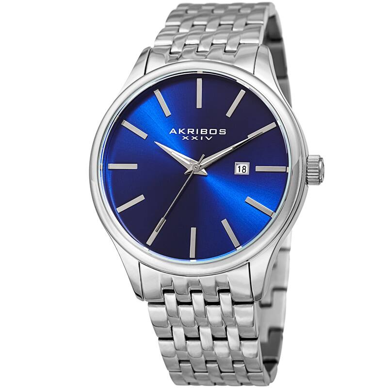 Akribos XXIV Men's Quartz Date Silver-Tone/Blue Stainless Steel Bracelet Watch