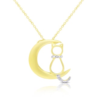 14K Gold Over Sterling Silver Natural Diamond Accent Two Tone Cat Kitty Pendant Necklace With 18 Chain I-J Color, I2-I3 Clarity