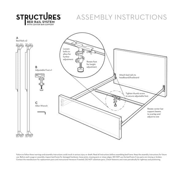Structures Hookin Metal Bed Rails with Adjustable Height Center