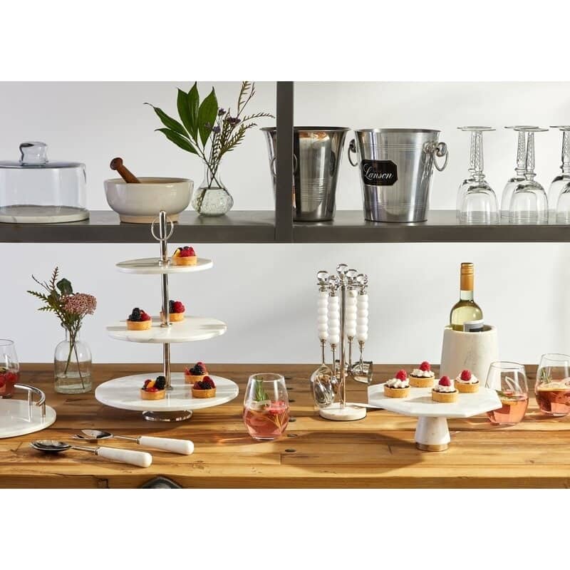 Nickel Plated and White Marble 2-piece Salad Server Set