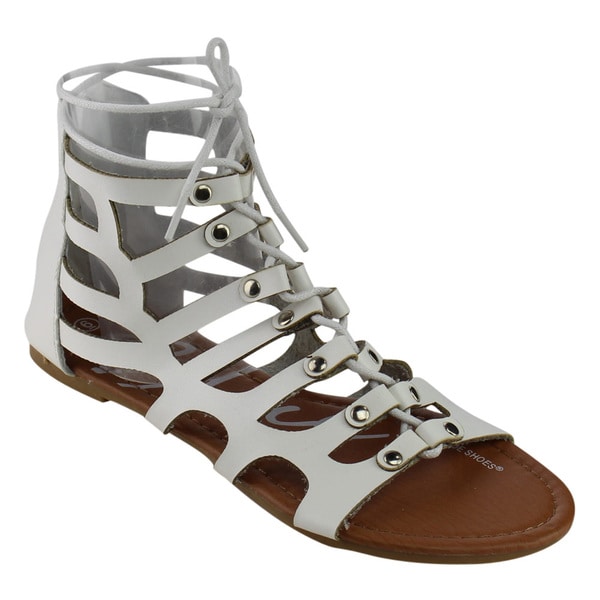 Shop Blue Suede Shoes Women's White Faux Leather Gladiator Flat Sandals ...