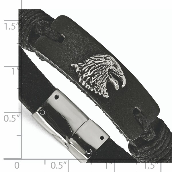 Chisel Stainless Steel Polished Black Leather Antiqued Dragon Head Bracelet