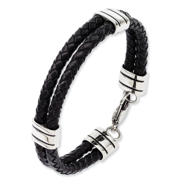 Chisel Black Leather Stainless Steel 9-inch Bracelet