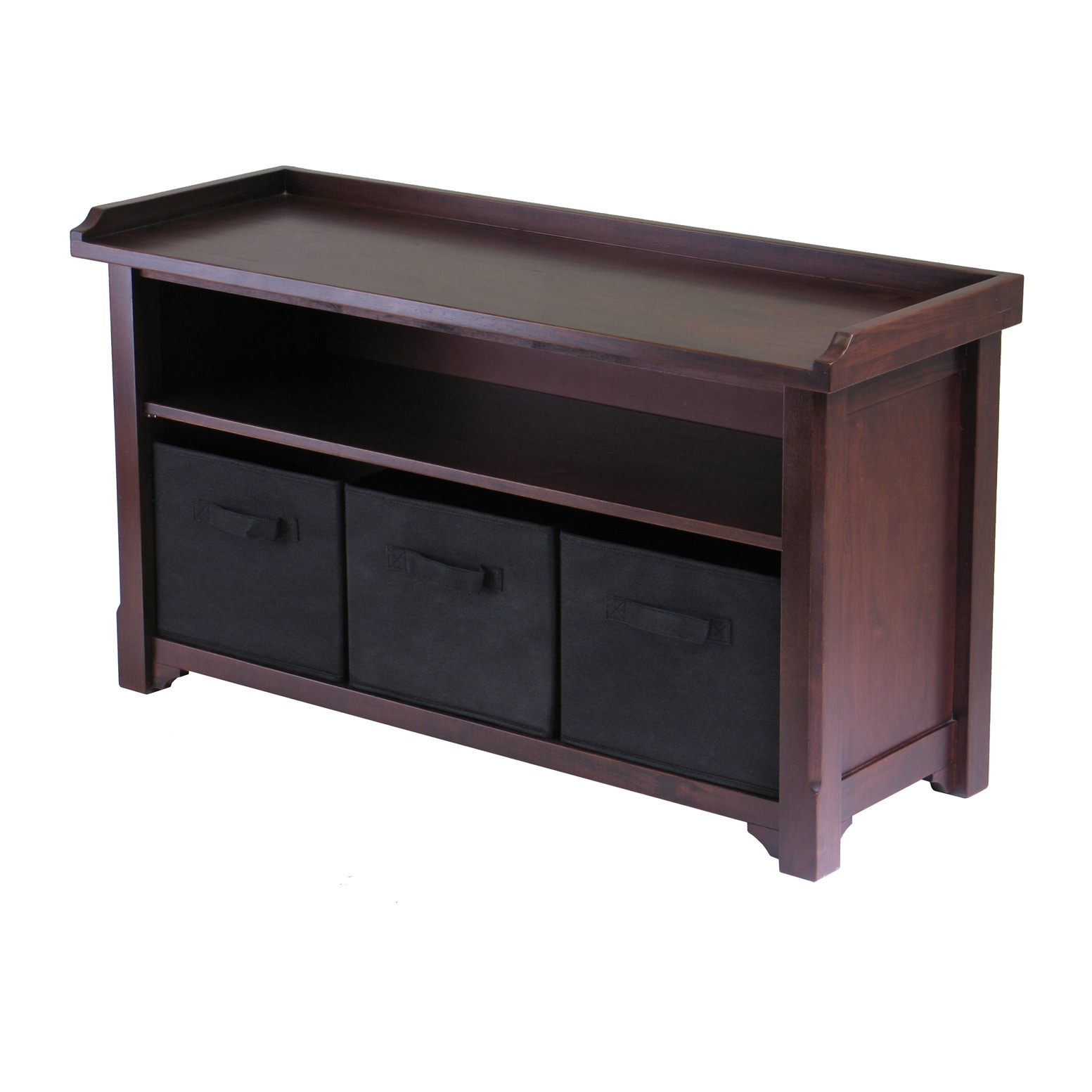 Winsome Verona Brown Wood Home Storage Bench With 3 Foldable Black Fabric Baskets