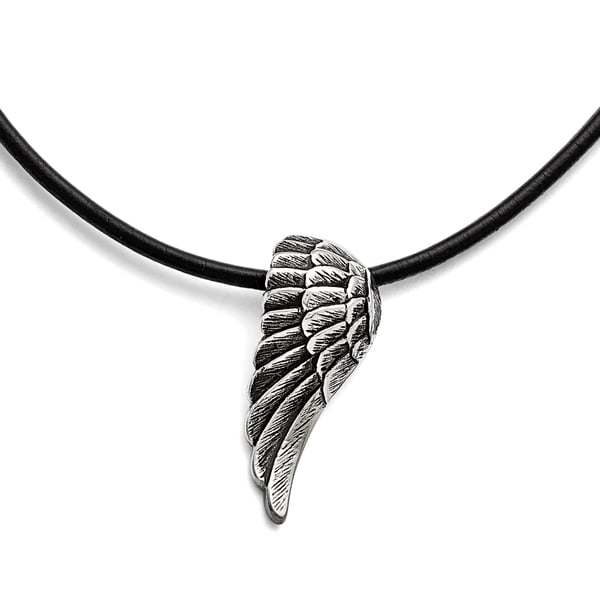 Chisel Stainless Steel Black Leather Antiqued Wing Necklace