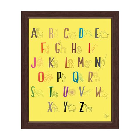 'A to Z Line Animals' Yellow Graphic Wall Art with Espresso Frame