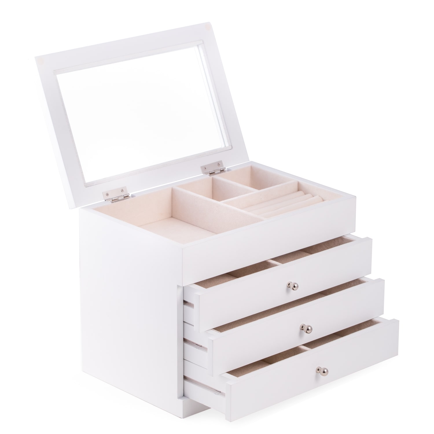 Nadja White Finish Wood Velour Three Velour Drawer Jewelry Case