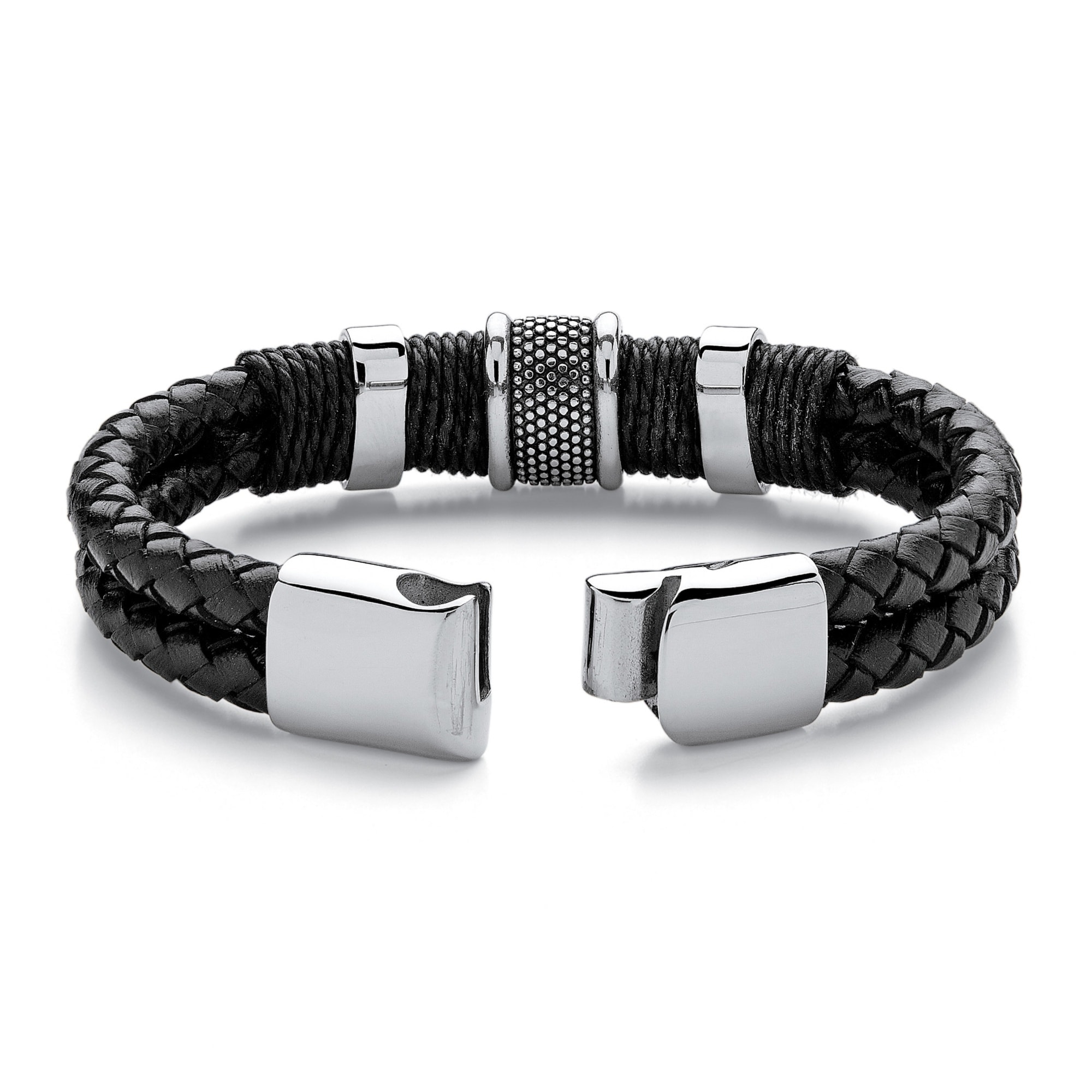 TEMEGO Jewelry Mens Leather Braided Bracelet,Stainless Steel Clasp,Black-7.5,8,9