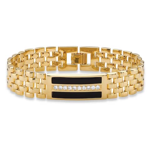Men's Yellow Gold-Plated Rectangular Shaped Onyx and Round ID Bracelet Cubic Zirconia, (5/8 ct)