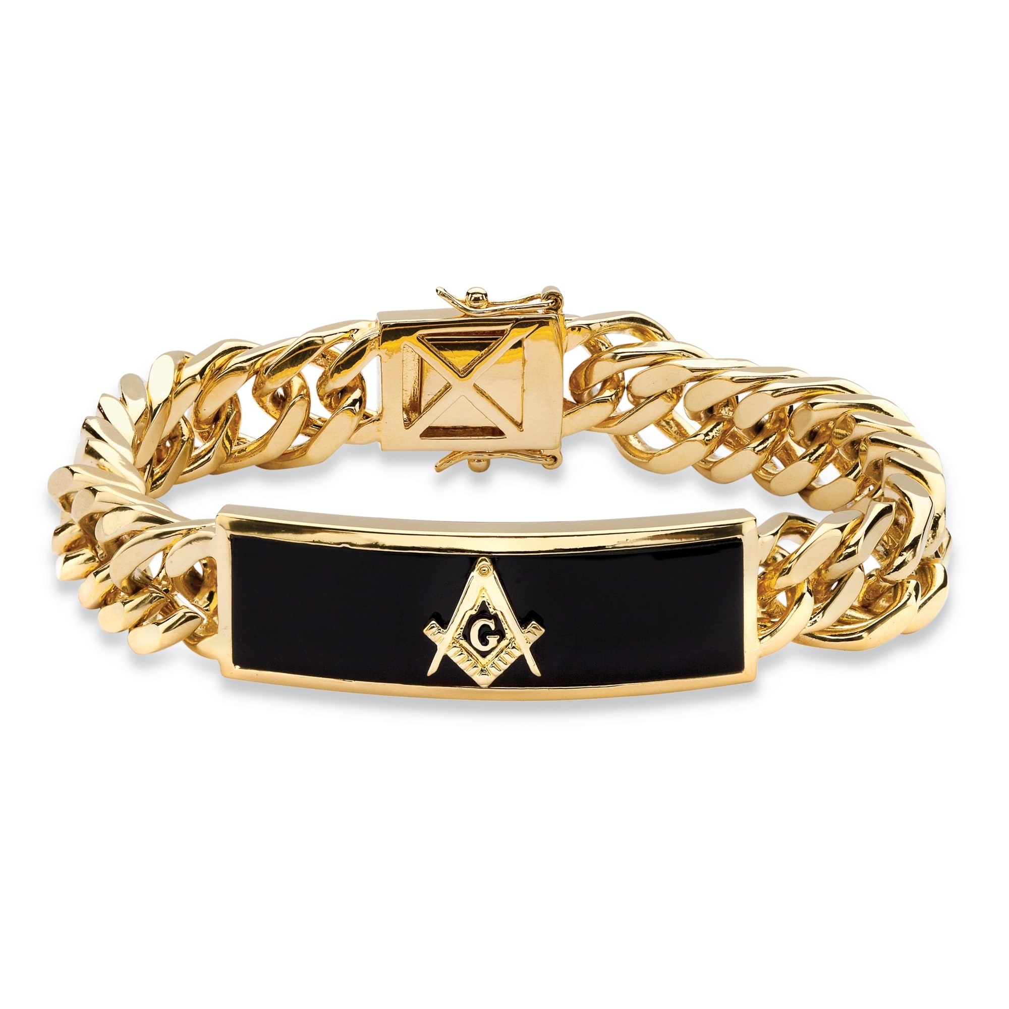 Men's Yellow Gold-Plated Masonic Link Bracelet (14.5mm), Rectangular Shaped  Natural Black Onyx, 8