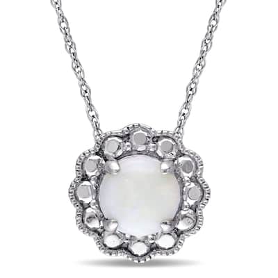 Miadora 10k White Gold Opal Birthstone Halo Necklace