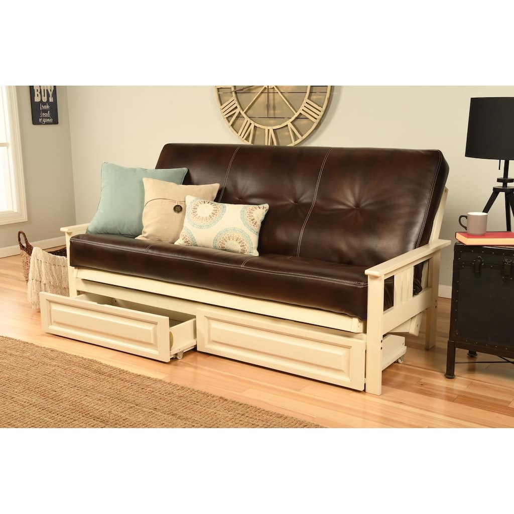 Somette Beli Mont Futon Set with Antique White Frame and Oregon Trail Mattress and Storage Drawers