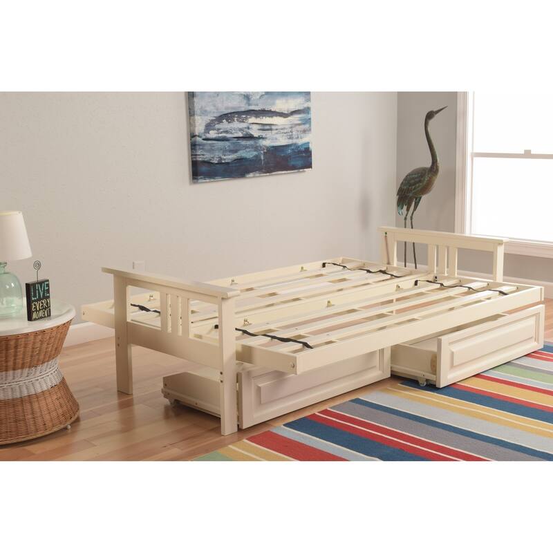 Somette Beli Mont Futon Set with Antique White Frame and Oregon Trail Mattress and Storage Drawers