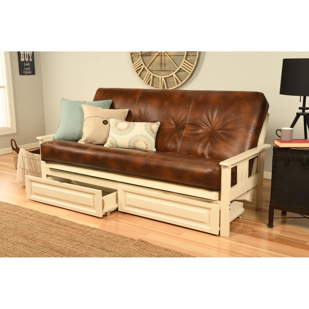 Somette Beli Mont Futon Set with Antique White Frame and Oregon Trail Mattress and Storage Drawers