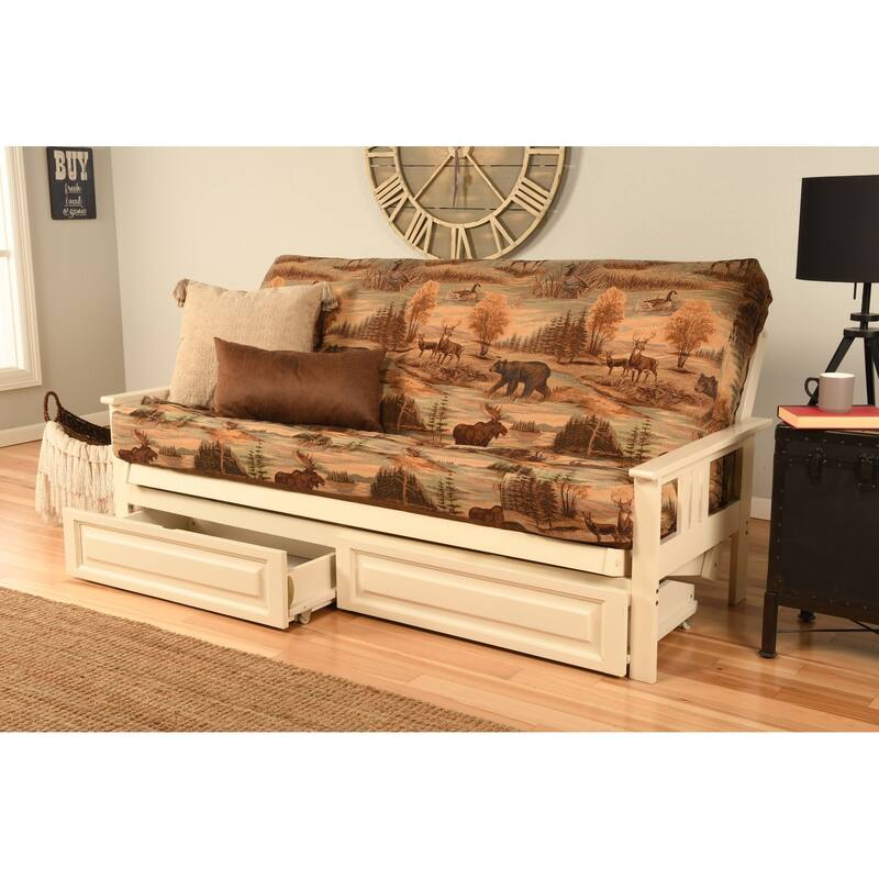Somette Beli Mont Futon Set with Antique White Hardwood Frame, Rustic Pattern Cotton/Polyester Mattress, and Storage Drawers