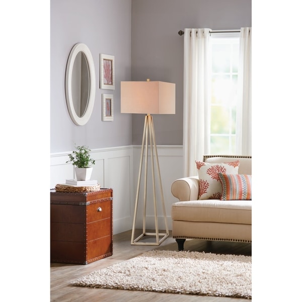 Catalina Ezra 19745-001 3-Way 62.72-Inch Gold Open Caged Metal Floor Lamp with Natural Linen Rectangular Shade, Bulb Included