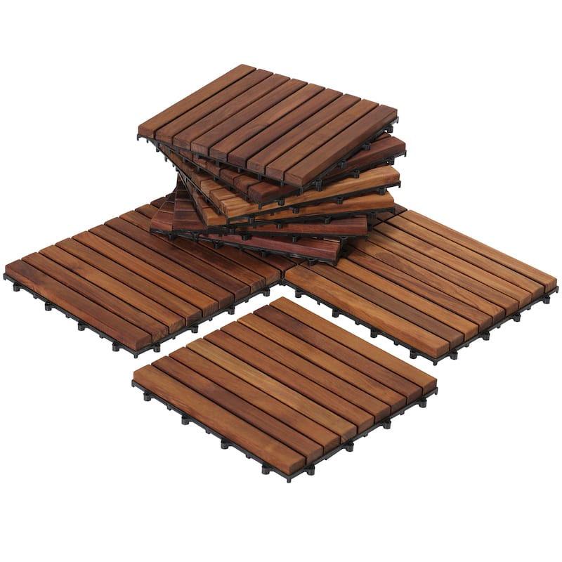 Solid Oiled Teak Wood Interlocking 9-slat Flooring Tiles (Pack of 10)