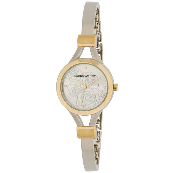 slide 1 of 3, Laura Ashley Two-tone Gold Thin Bangle with Floral Dial Women's Watch