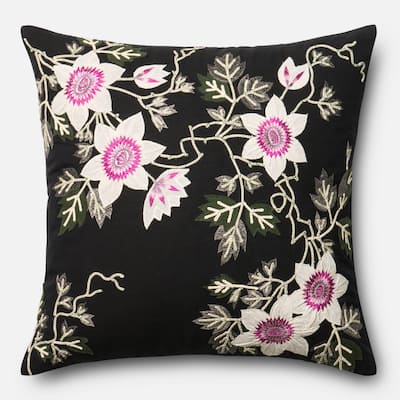 Embroidered Cotton Black/ Ivory Floral 22-inch Throw Pillow or Pillow Cover