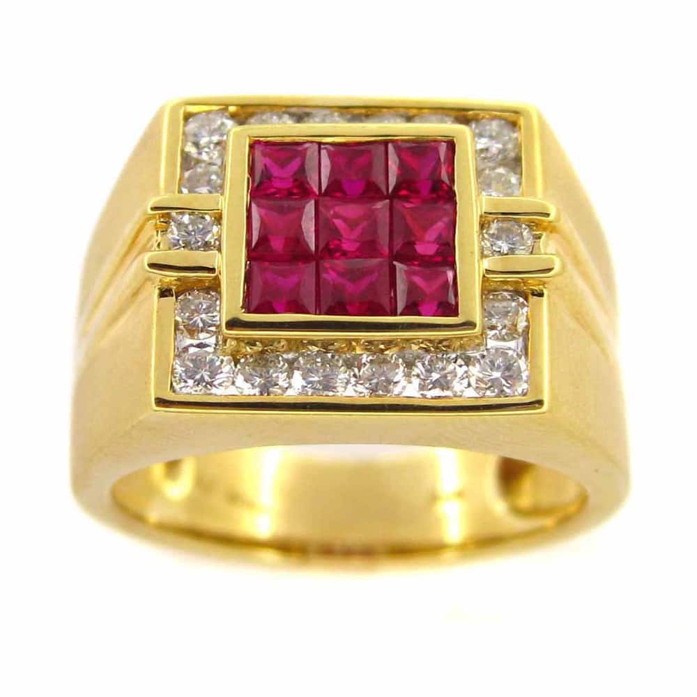 Kabella 18k Yellow Gold Ruby Andith Diamond Men's Accent Ring