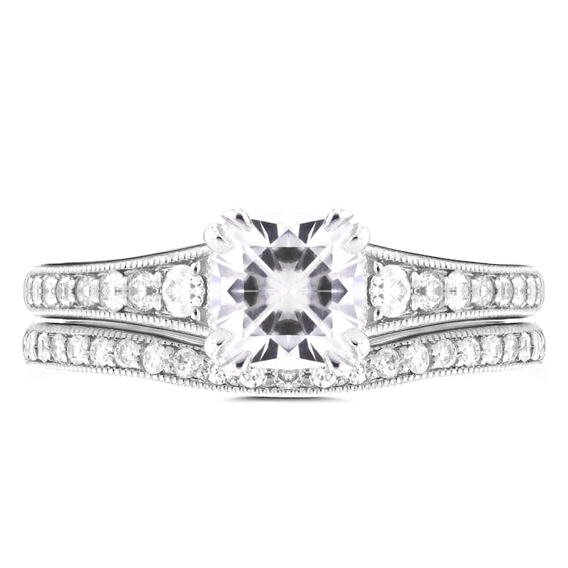 Annello by Kobelli 14k White Gold 1 1/10ct Cushion Moissanite and 2/5ct TDW Diamond Bridal Set - 4