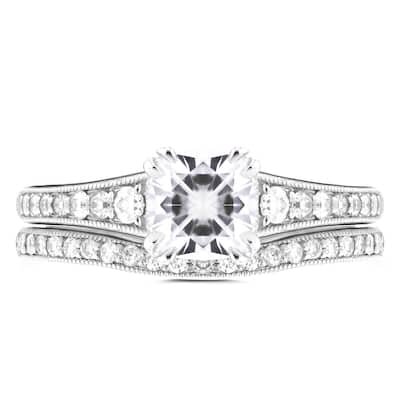 Annello by Kobelli 14k White Gold 1 1/10ct Cushion Moissanite and 2/5ct TDW Diamond Bridal Set
