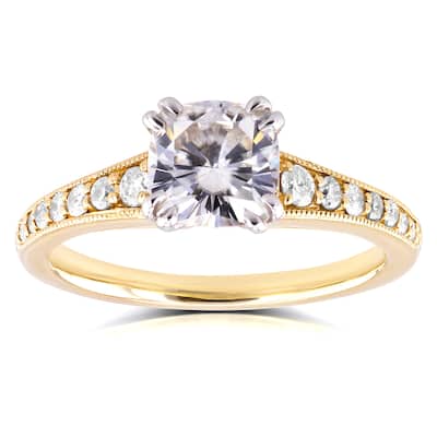 Annello by Kobelli 14k Yellow Gold 1 1/10ct Cushion Moissanite and 1/4ct TDW Diamond Engagement Ring