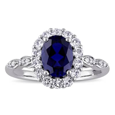 Miadora 14k White Gold Oval-cut Created Blue Sapphire, White Topaz and Diamond Accent Halo Cocktail
