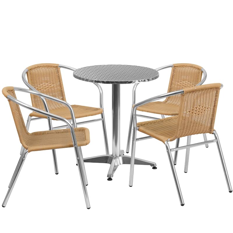 23.5'' Round Aluminum Indoor-Outdoor Table Set with 4 Rattan Chairs - Beige