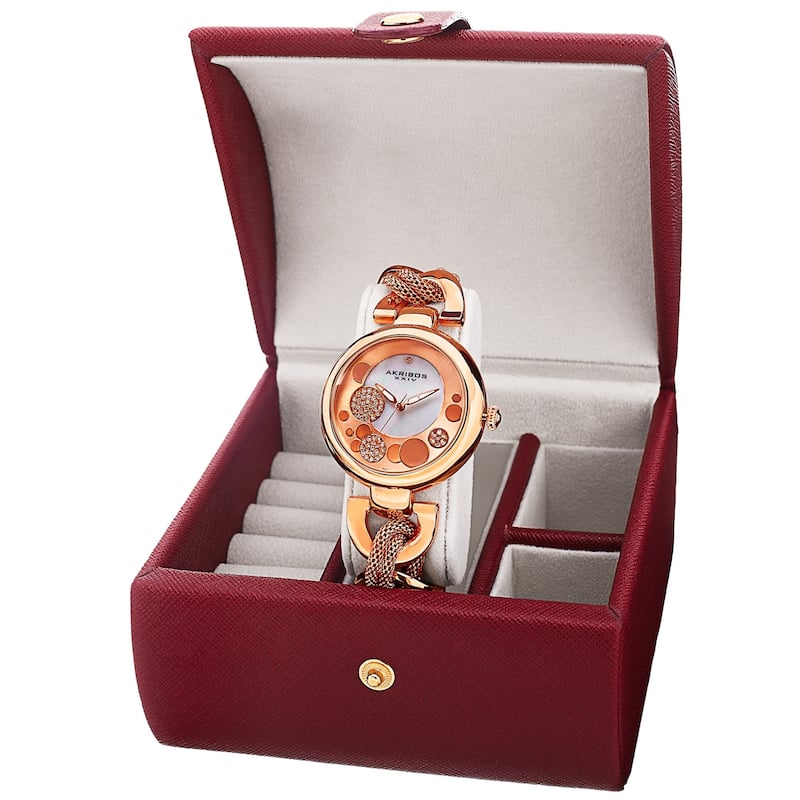 Akribos XXIV Women's Quartz Bracelet Watch + Jewelry Box - ROSE - Rose-Tone - Rose-Tone