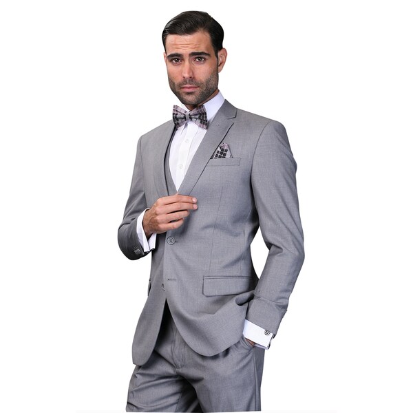 Statement Men's Lorenzo Grey Italian Wool 3-piece Slim Fit Suit in 50L ...