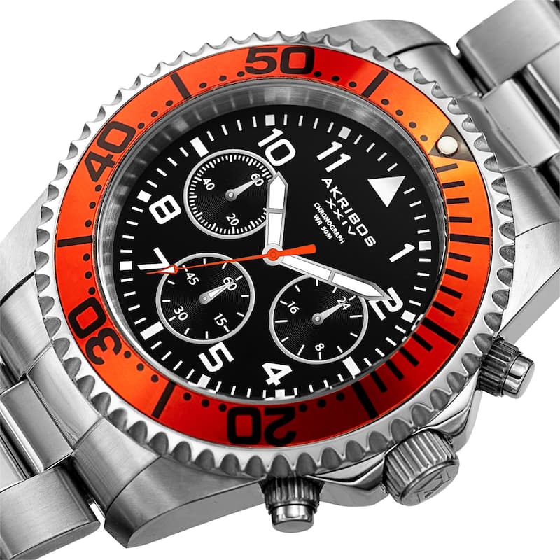 Akribos XXIV Men's Quartz Chronograph Silver-Tone/Orange Stainless Steel Bracelet Watch