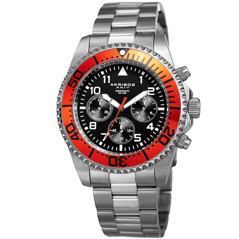 Akribos XXIV Men's Quartz Chronograph Silver-Tone/Orange Stainless Steel Bracelet Watch
