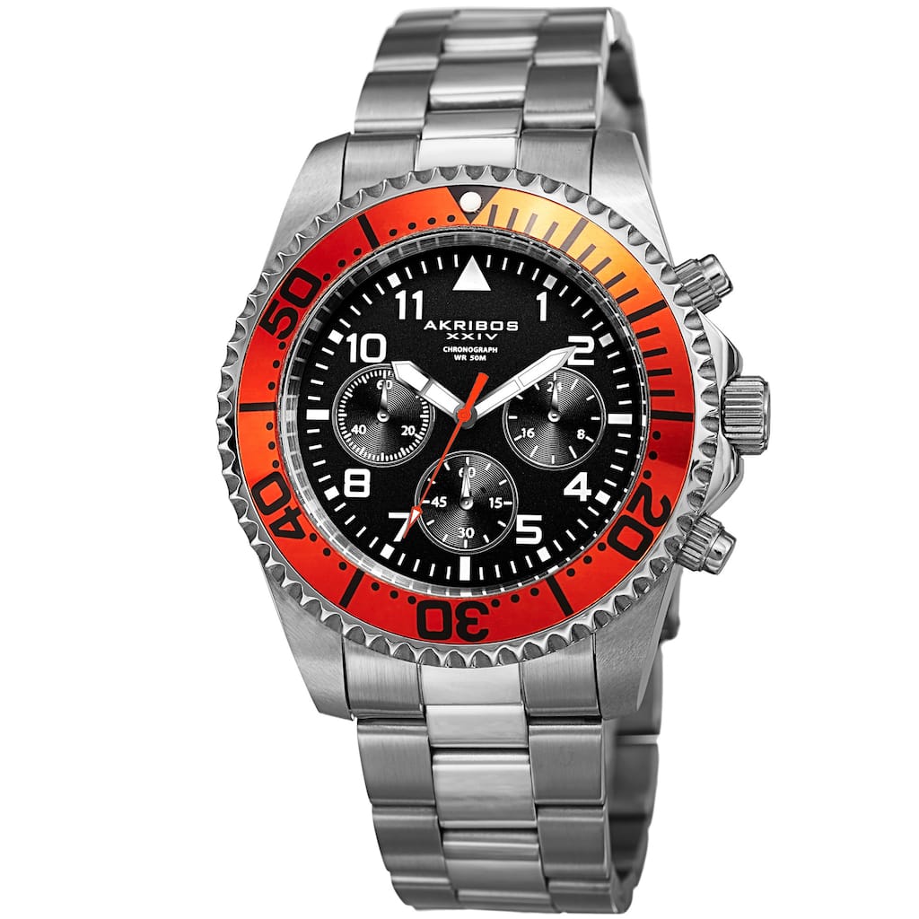 Akribos XXIV Men's Quartz Chronograph Silver-Tone/Orange Stainless Steel Bracelet Watch