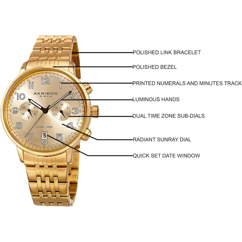 Akribos XXIV Men's Quartz Dual Time Easy-to-Read Stainless Steel Gold-Tone Bracelet Watch