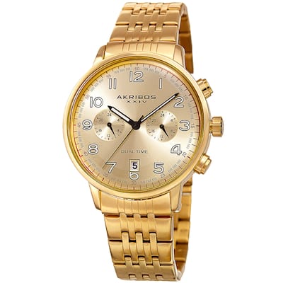 Akribos XXIV Men's Quartz Dual Time Easy-to-Read Stainless Steel Gold-Tone Bracelet Watch