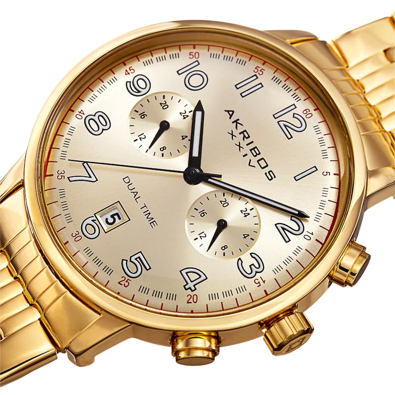 Akribos XXIV Men's Quartz Dual Time Easy-to-Read Stainless Steel Gold-Tone Bracelet Watch