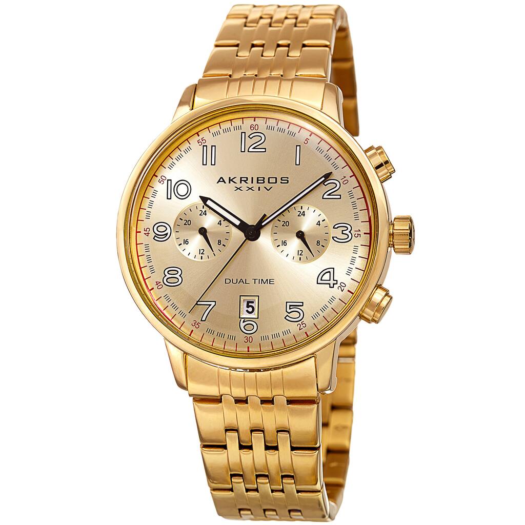 Akribos XXIV Men's Quartz Dual Time Easy-to-Read Stainless Steel Gold-Tone Bracelet Watch