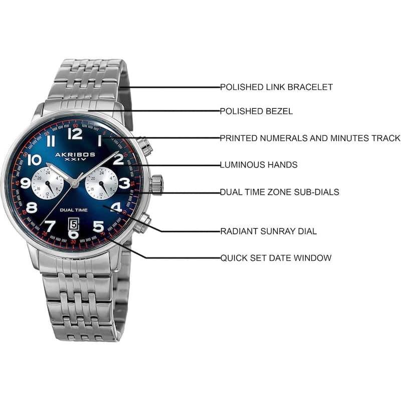 Akribos XXIV Men's Quartz Dual Time Easy-to-Read Stainless Steel Silver-Tone/ Blue Bracelet Watch