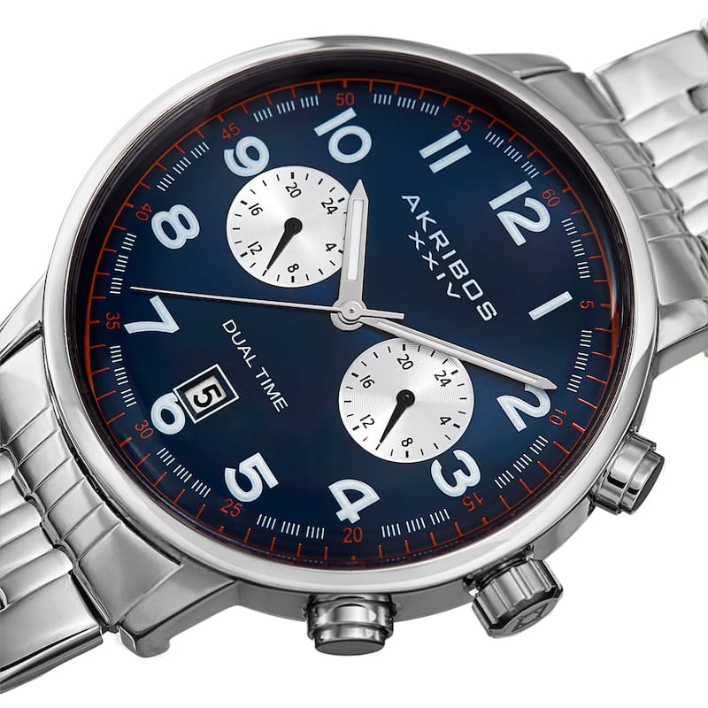 Akribos XXIV Men's Quartz Dual Time Easy-to-Read Stainless Steel Silver-Tone/ Blue Bracelet Watch