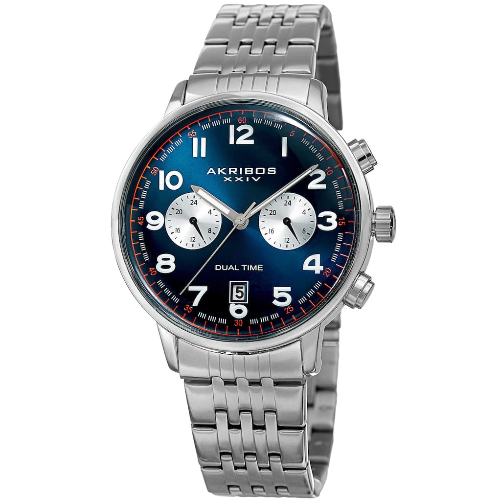Akribos XXIV Men's Quartz Dual Time Easy-to-Read Stainless Steel Silver-Tone/ Blue Bracelet Watch