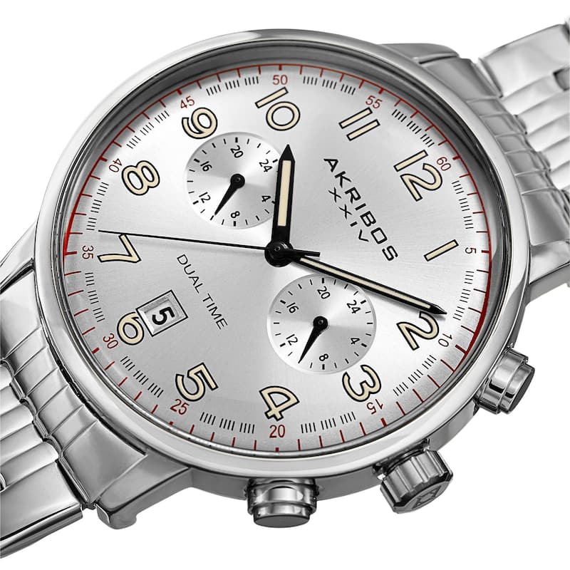 Akribos XXIV Men's Quartz Dual Time Easy-to-Read Stainless Steel Silver-Tone Bracelet Watch