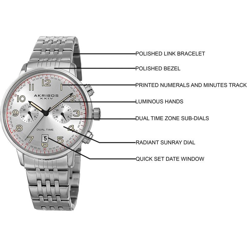 Akribos XXIV Men's Quartz Dual Time Easy-to-Read Stainless Steel Silver-Tone Bracelet Watch