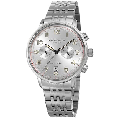 Akribos XXIV Men's Quartz Dual Time Easy-to-Read Stainless Steel Silver-Tone Bracelet Watch