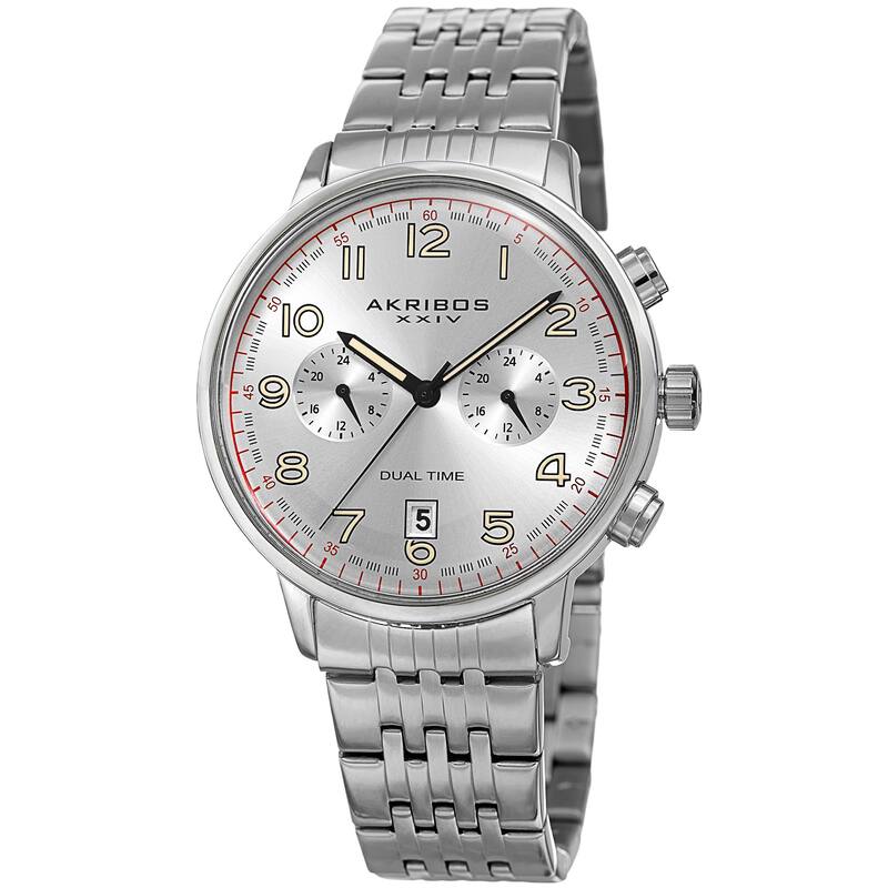 Akribos XXIV Men's Quartz Dual Time Easy-to-Read Stainless Steel Silver-Tone Bracelet Watch
