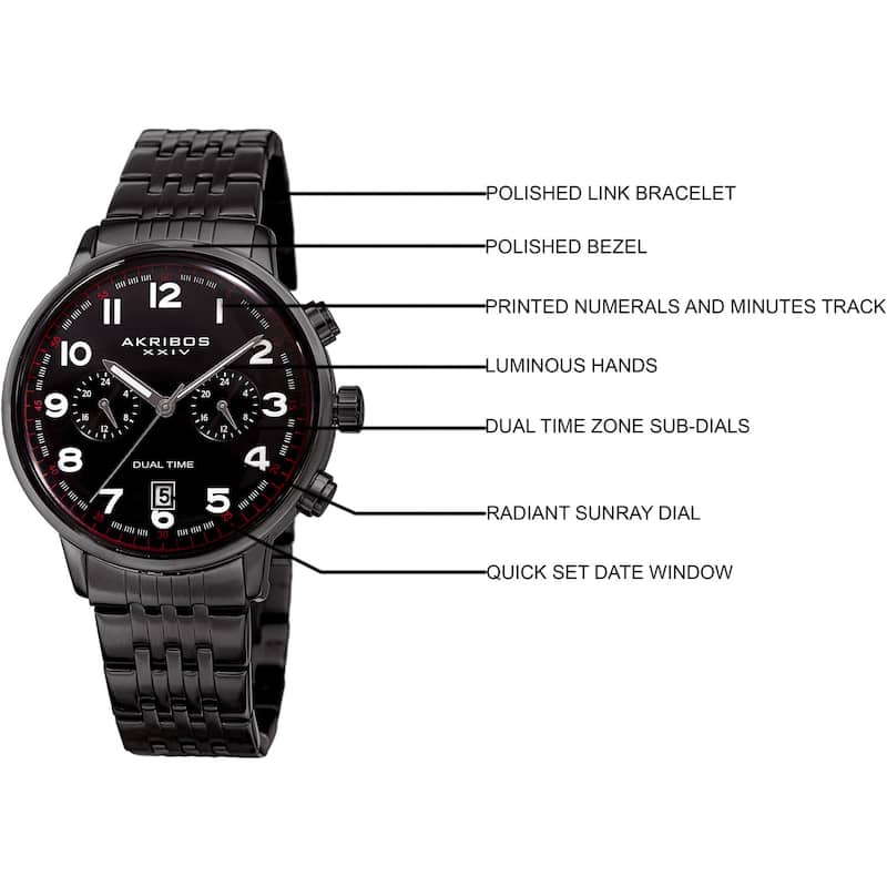 Akribos XXIV Men's Quartz Dual Time Easy-to-Read Stainless Steel Black Bracelet Watch