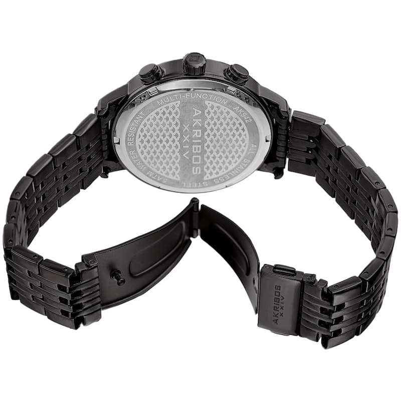 Akribos XXIV Men's Quartz Dual Time Easy-to-Read Stainless Steel Black Bracelet Watch