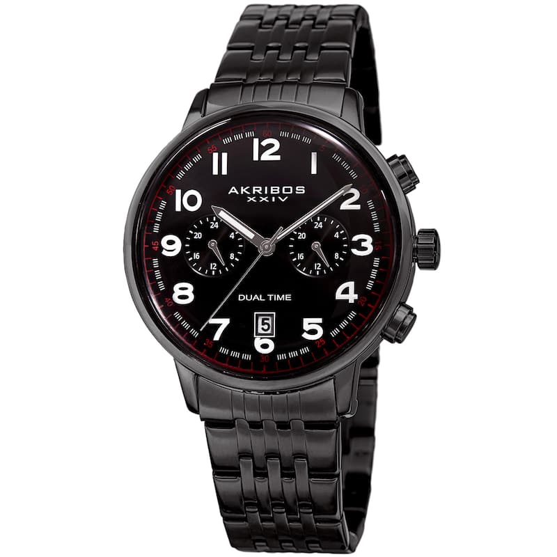 Akribos XXIV Men's Quartz Dual Time Easy-to-Read Stainless Steel Black Bracelet Watch